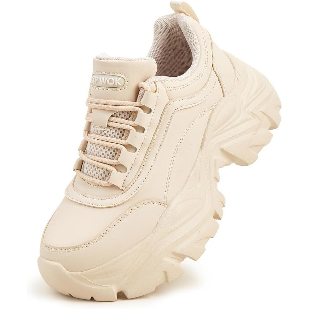 Women Leather Beige Casual Comfortable Wedge Walking Sport Sneakers Shoes